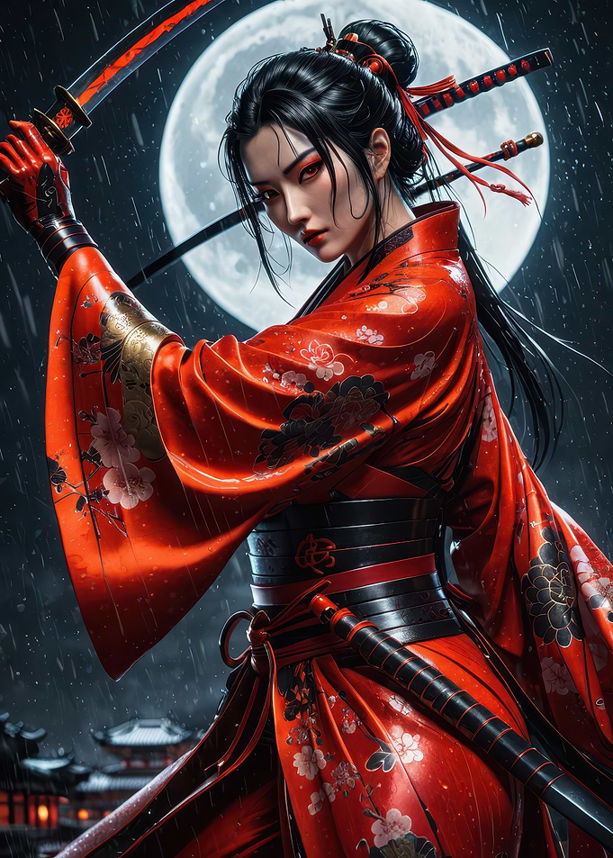 Moonlit Samurai: Red Kimono Warrior in the Rain