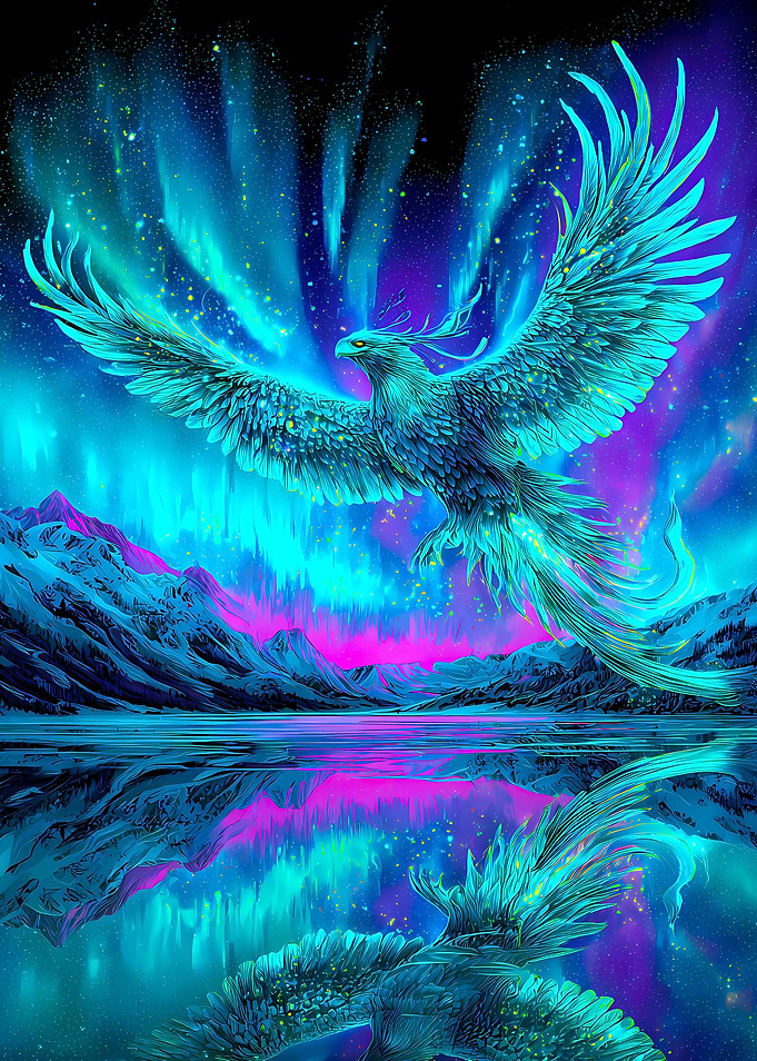 Phoenix Rising Under Aurora Borealis
