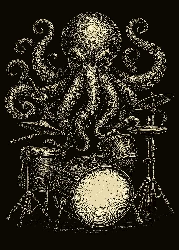 Octopus Drummer Vintage Engraving Style