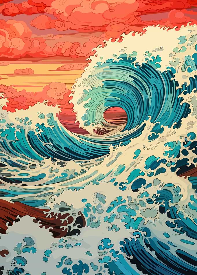 Stylized Ocean Wave with Red Sky