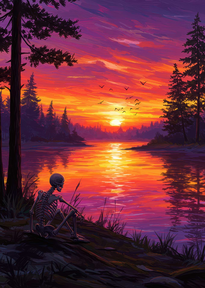 Skeleton Contemplating Sunset by the Lake