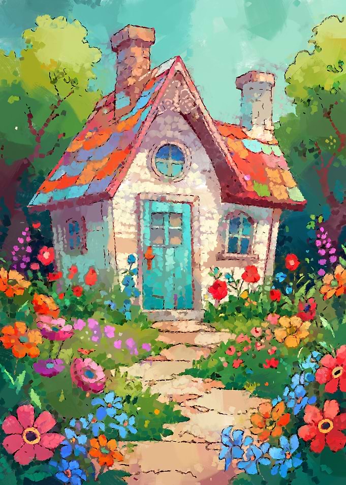 Whimsical Cottage in a Flower Garden