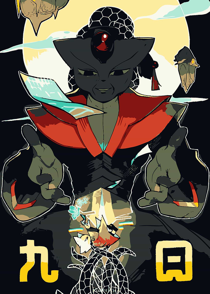 Stylized Character Illustration with Japanese Text