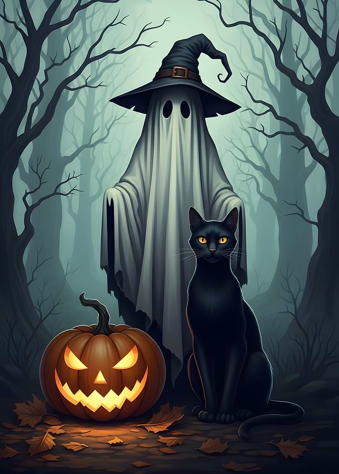 Halloween Ghost, Cat, and Pumpkin Scene