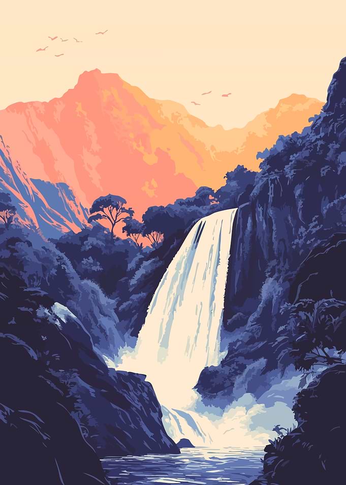 Beautiful Hawaiian Waterfall Zen Nature Minimalist Illustration Art