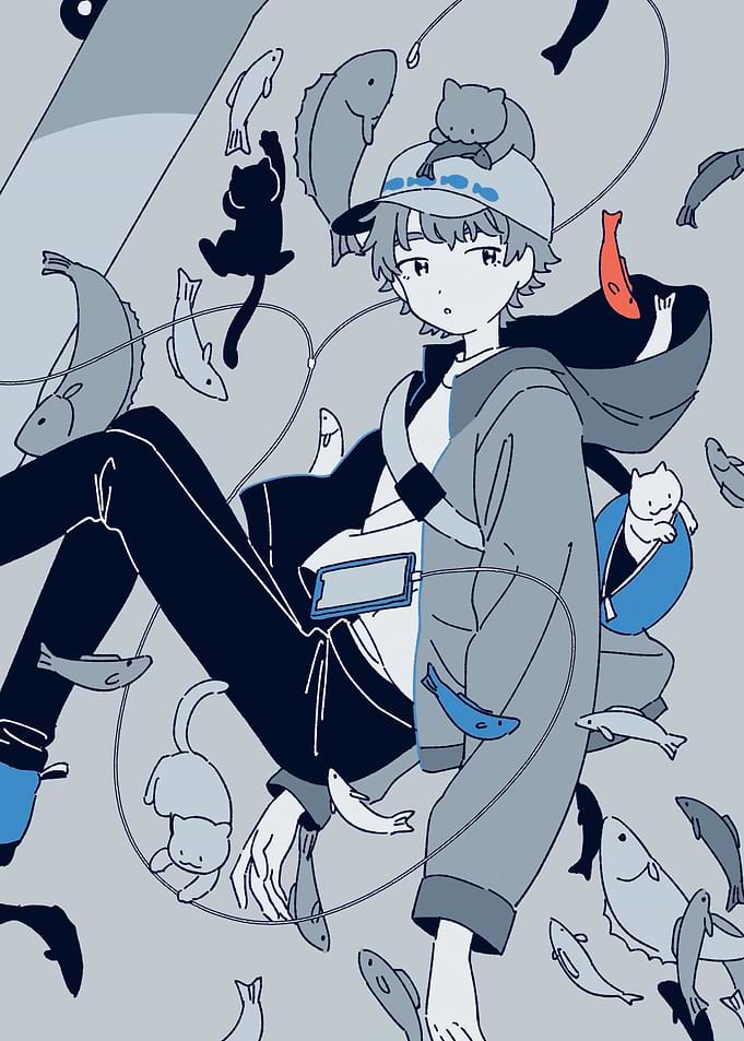 Boy with Cats and Fish Illustration
