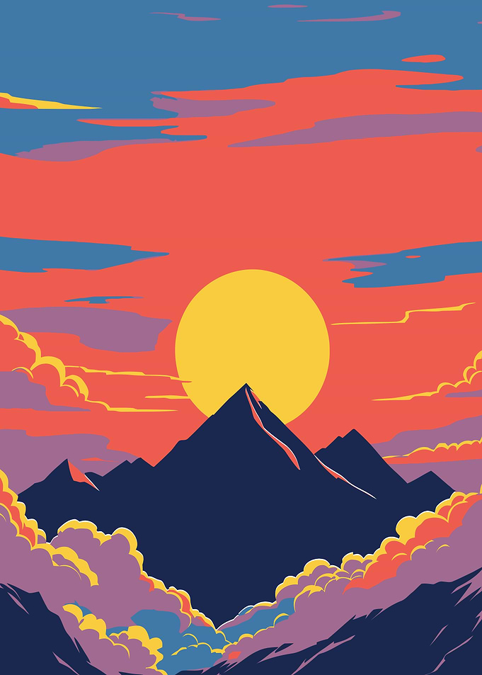 Sunset mountain peaks with golden sun and clouds