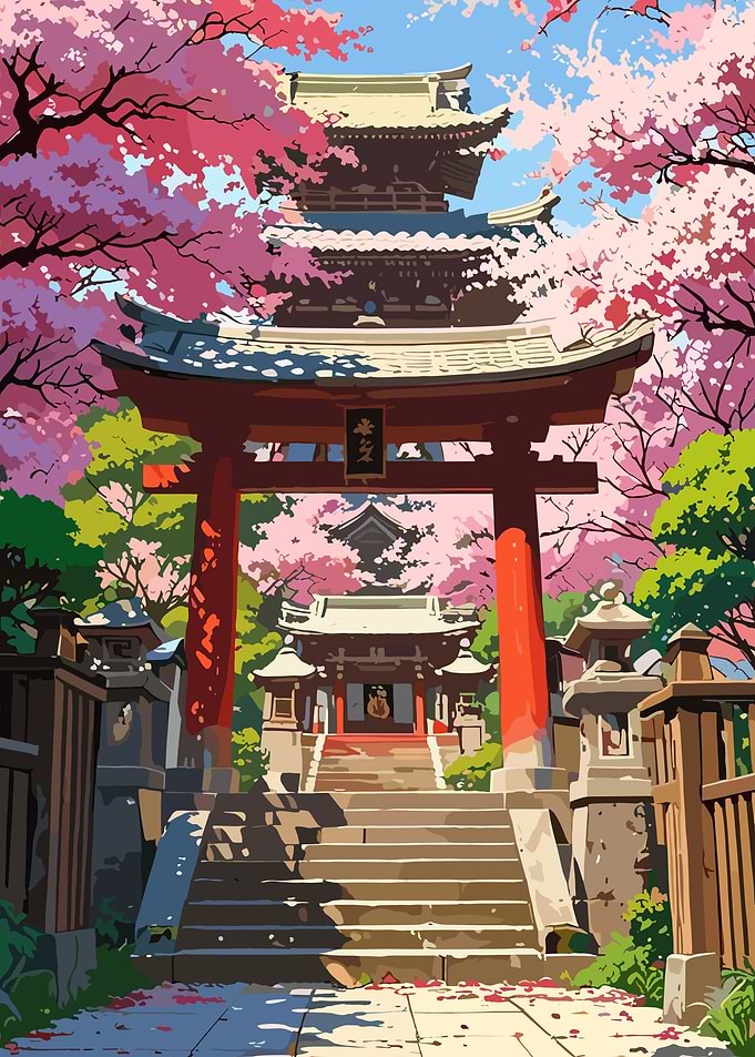 Japanese Temple with Cherry Blossoms
