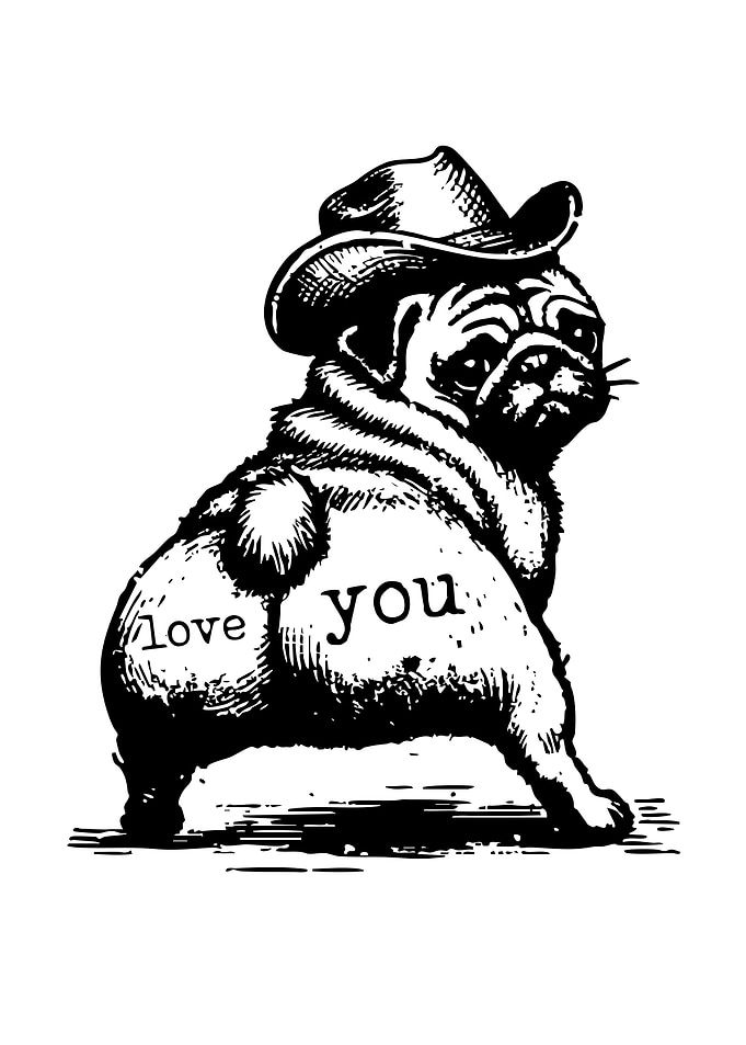 Cowboy Pug with 'Love You' Message