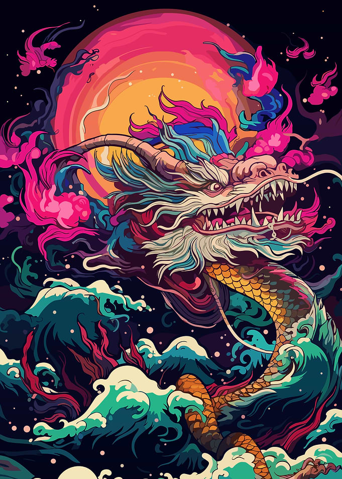 Colorful Dragon Rising from the Waves