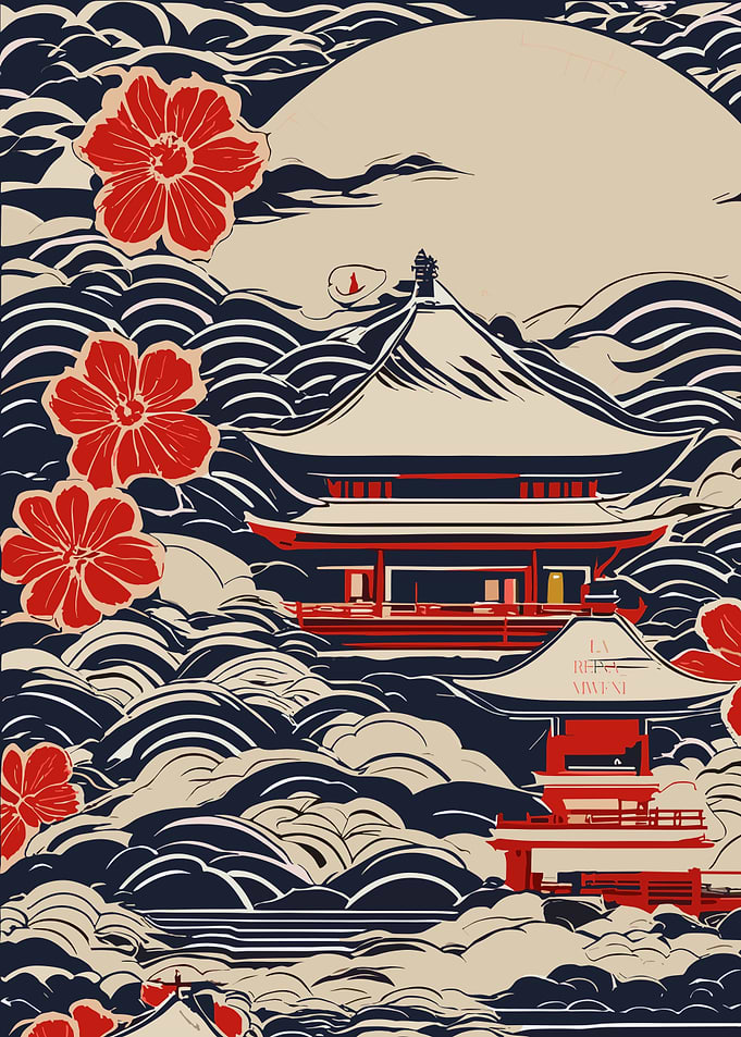 Japanese Temple with Flowers and Waves