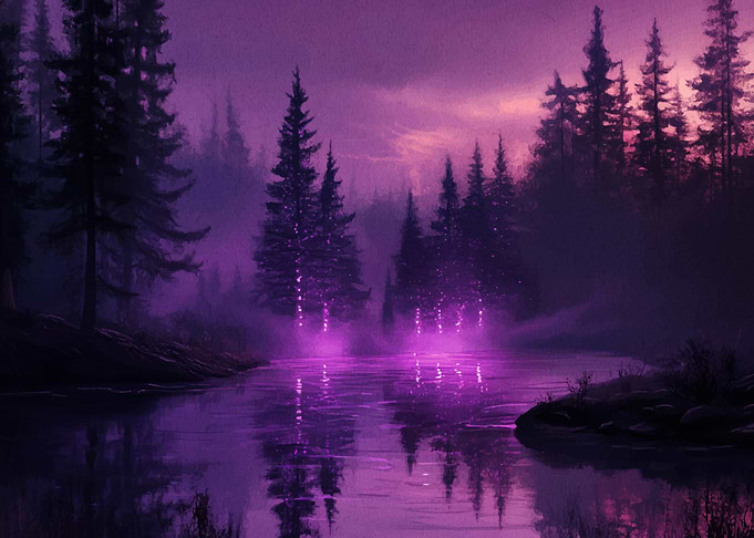 Purple Forest River Landscape