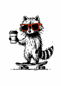 Cool Raccoon on Skateboard with Coffee