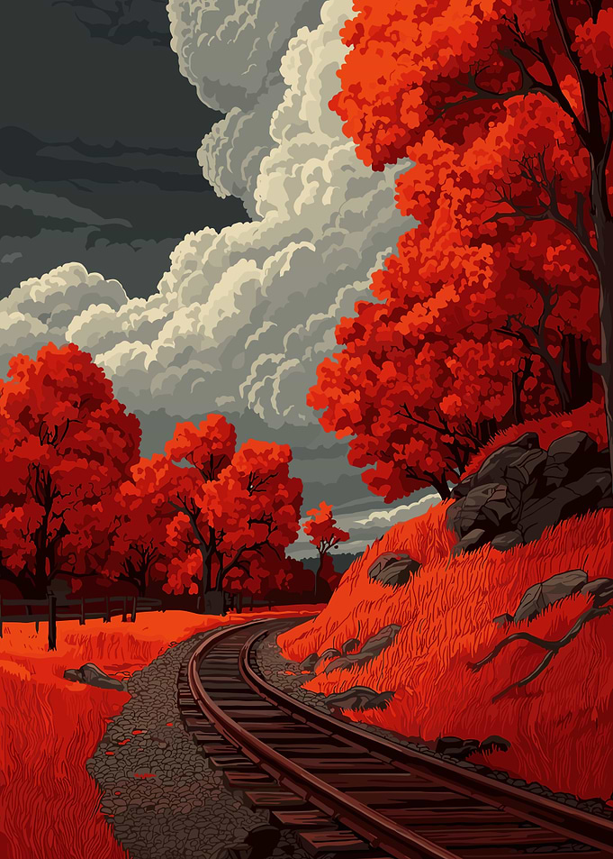 Autumn Train Tracks Landscape Illustration