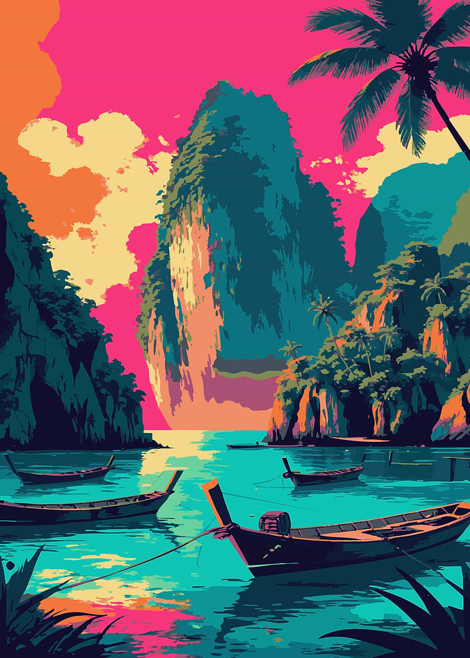 Tropical Island Boats Landscape Art
