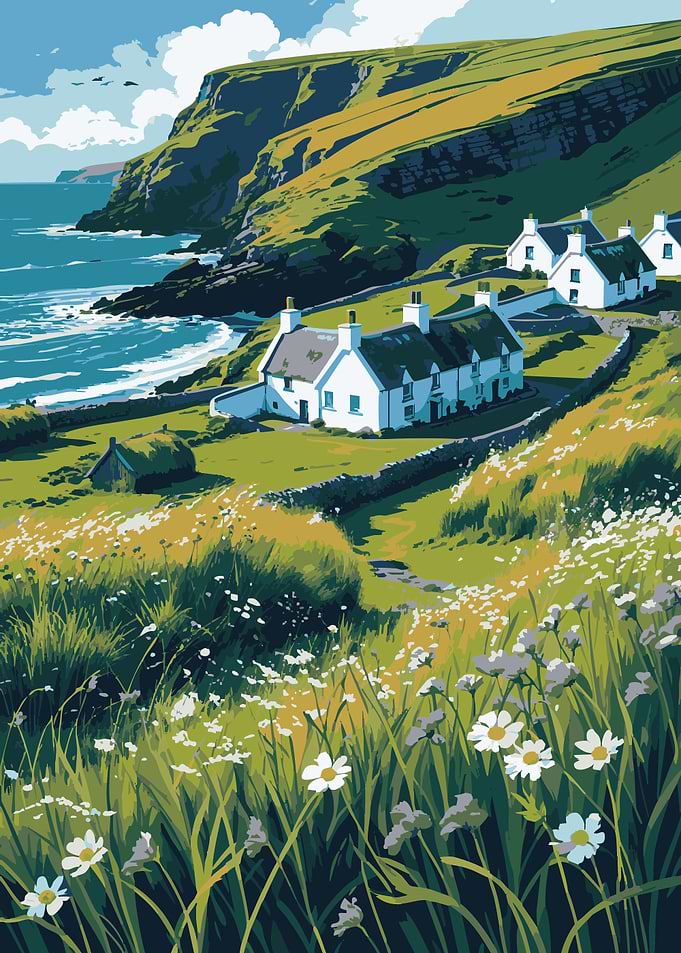 Coastal Village Landscape with White Cottages