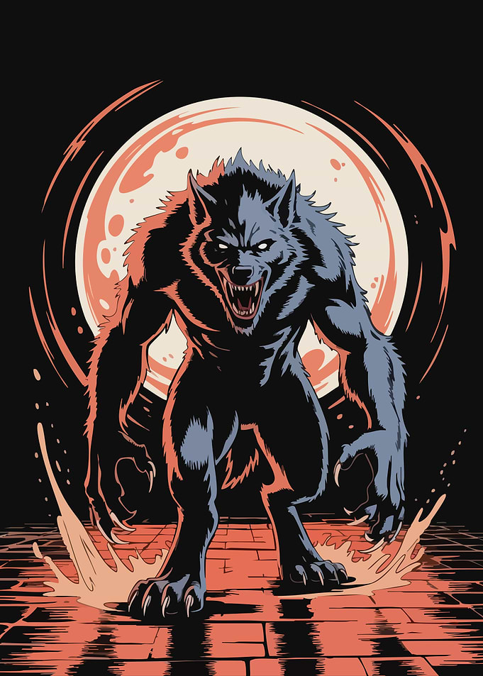 Werewolf illustration with full moon backdrop