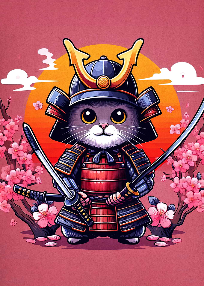 Samurai Cat with Swords and Cherry Blossoms