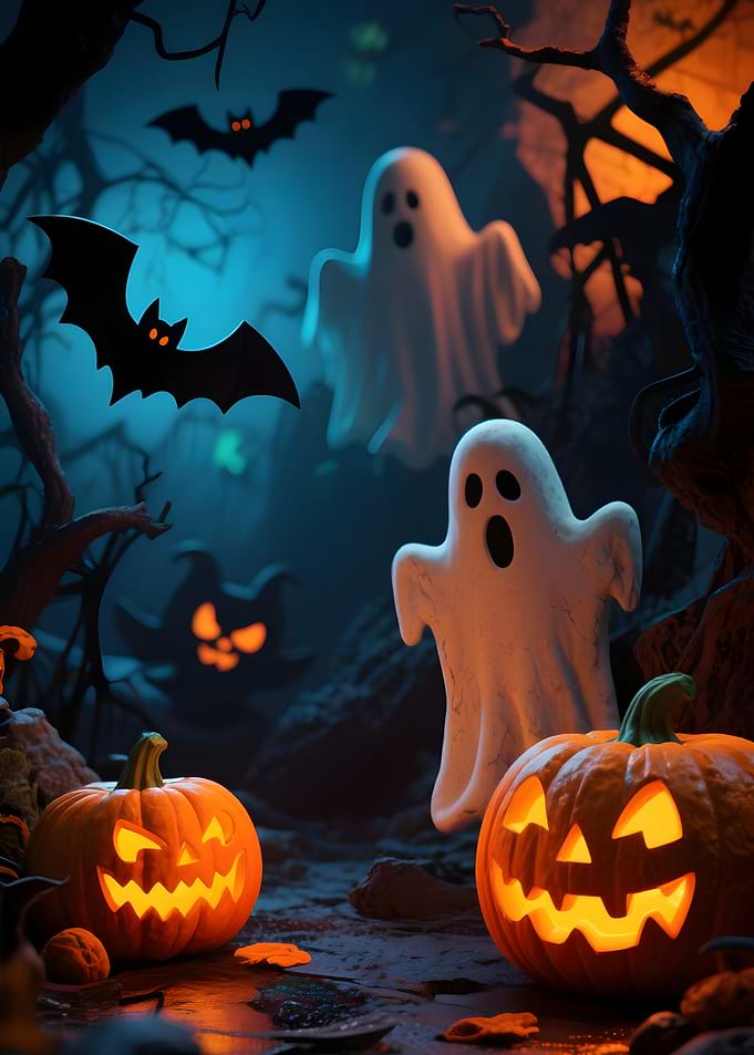 Halloween Night with Pumpkins and Ghosts