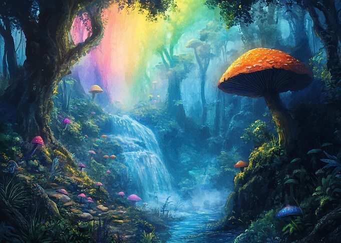 Enchanted Forest with Rainbow Waterfall