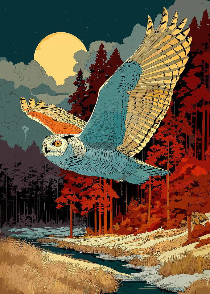 Owl in Flight over Winter Landscape