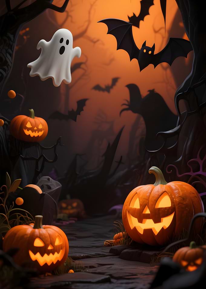 Halloween Night Scene with Pumpkins and Ghost
