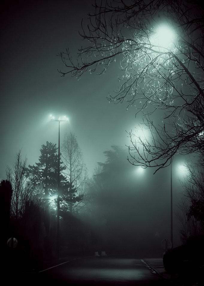 Eerie Foggy Night Street Scene