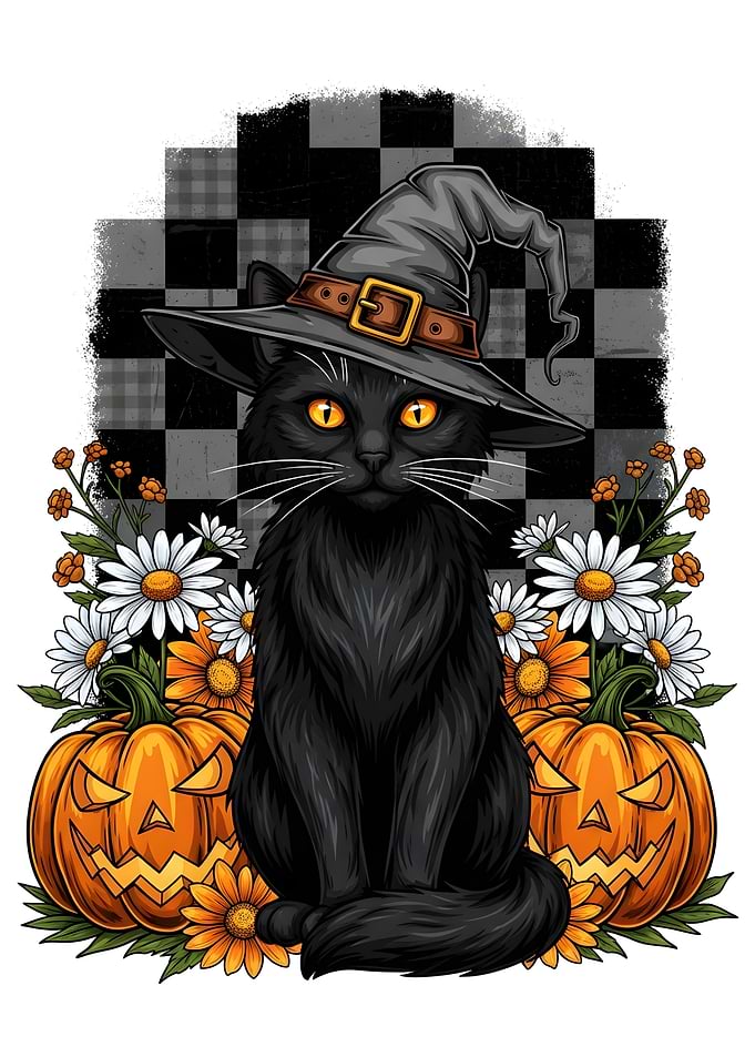 Halloween Black Cat with Witch Hat