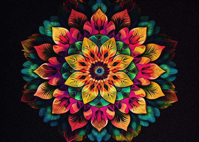 Colorful Floral Mandala on Black Background