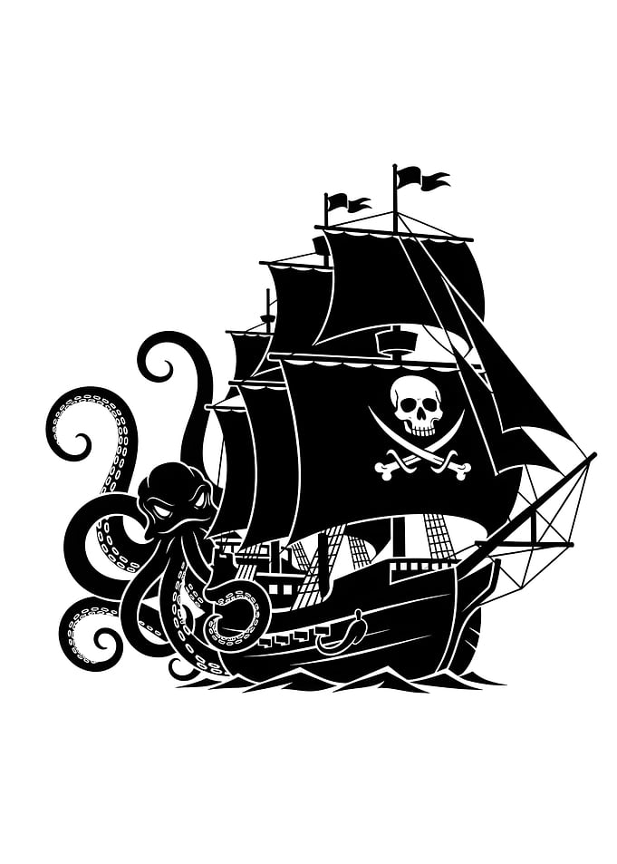 Pirate Ship Attacked by Octopus Silhouette