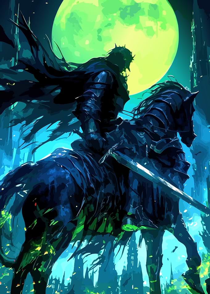 Dark Knight on Horseback under Moon