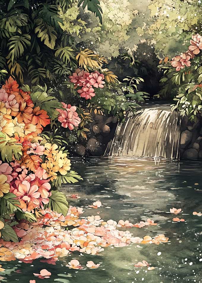 Watercolor Waterfall with Flowers and Foliage