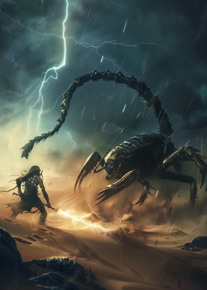 Warrior facing giant scorpion in storm