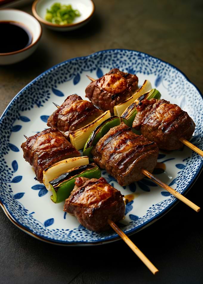 Yakitori skewers on a patterned plate