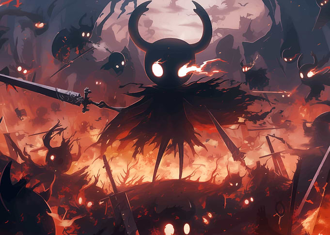 Hollow Knight in Fiery Battle Scene
