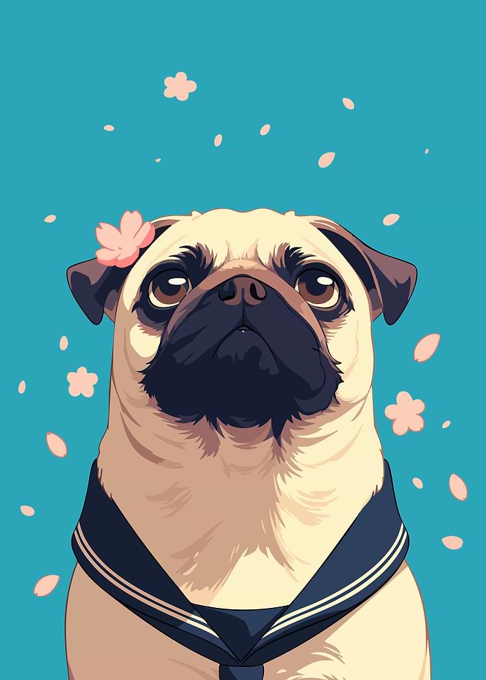 Japanese Sakura Pug Cute Minimalist Art Illustration