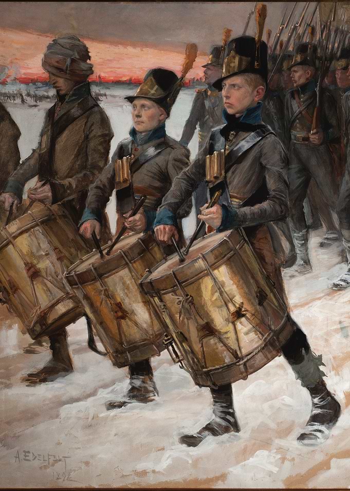 Marching Drummers in Winter Landscape Painting