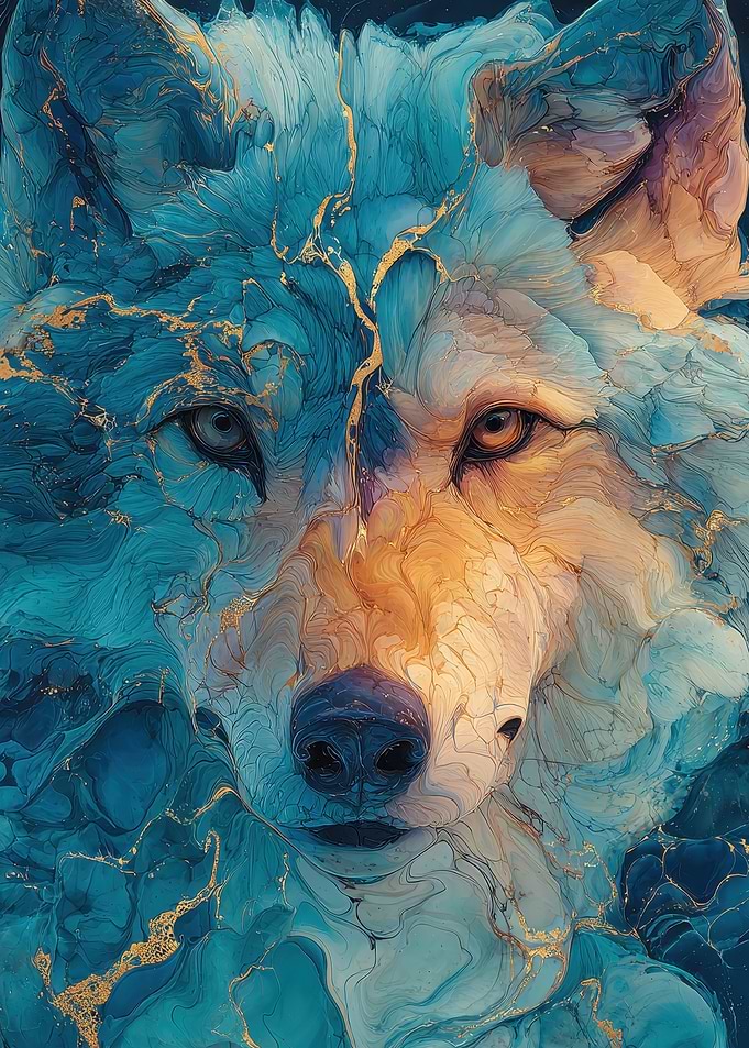 Ethereal Abstract Wolf Portrait with Gold Accents