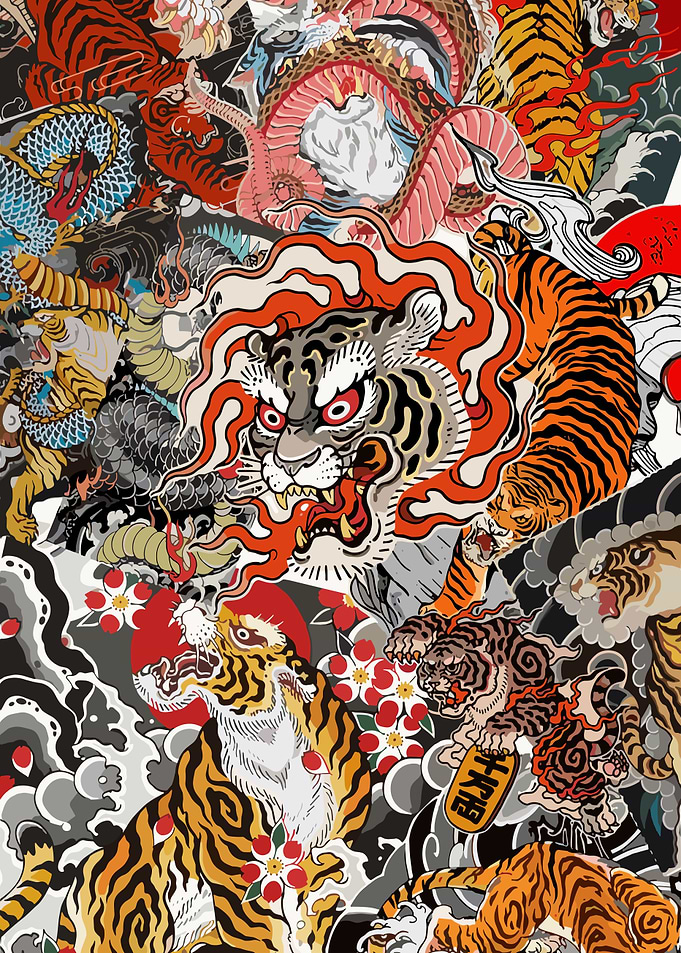 Japanese Tattoo Style Tiger and Dragon