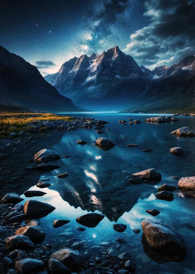Mountain Reflection in Lake at Night