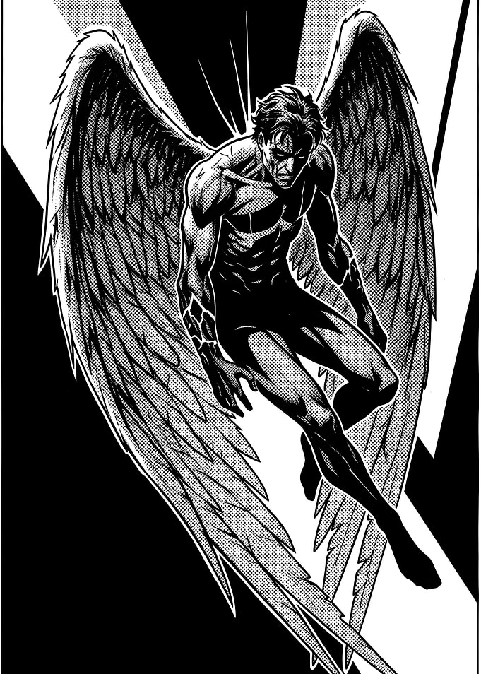 Winged Angel Figure in Black and White