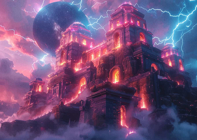 Fantasy Castle with Lightning and Planet