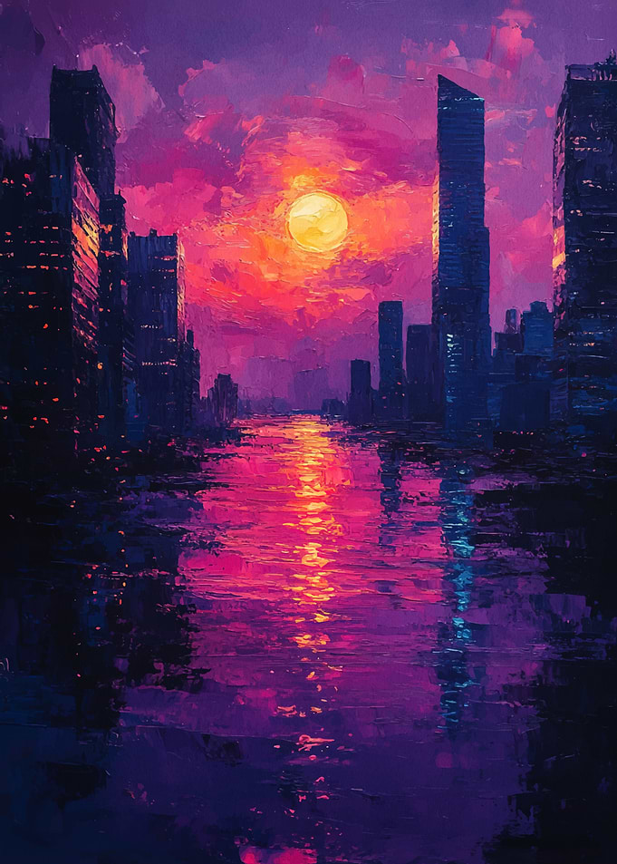 Cityscape at Sunset Painting