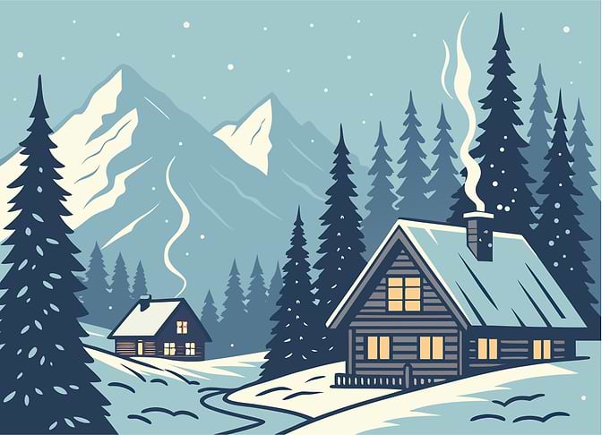 Winter Cabin in Snowy Mountain Landscape
