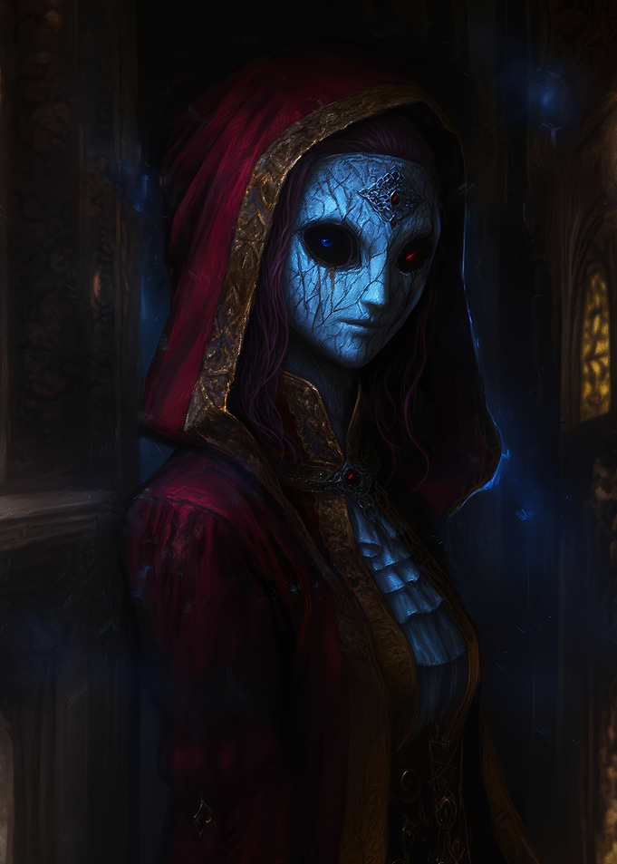 Mysterious Figure in Red Hood Devil Mask