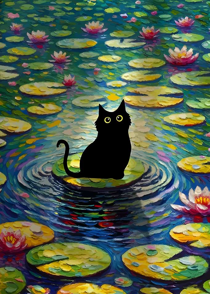 Black Cat on Lily Pad Painting