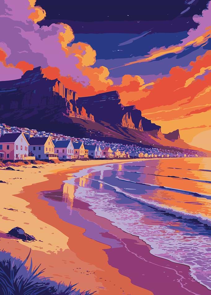 Coastal Town at Sunset Illustration