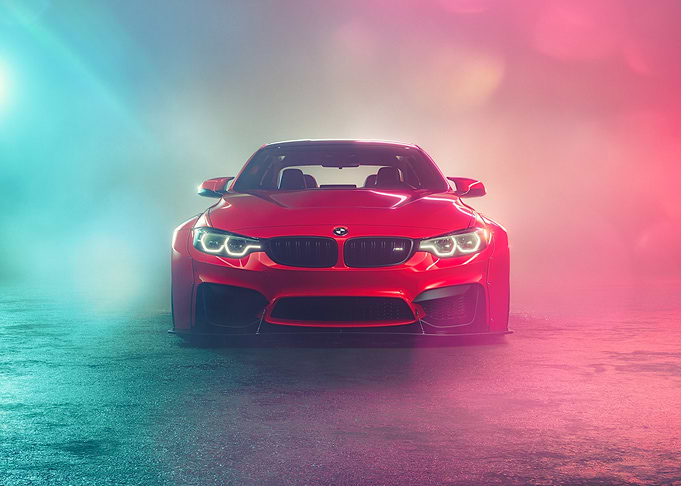 Red BMW M4 in Fog
