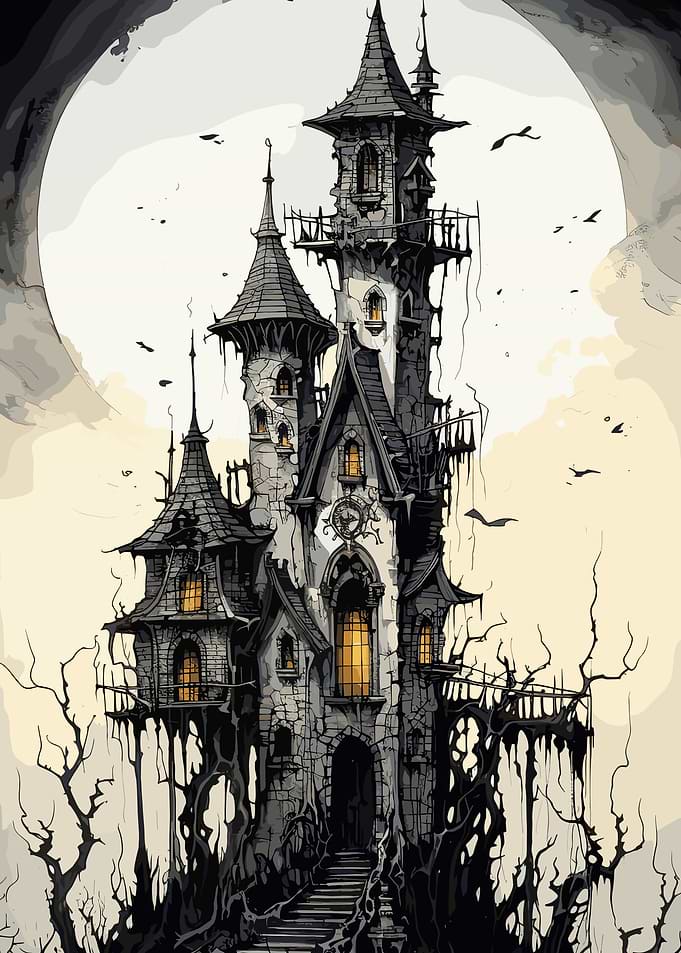 Spooky Haunted House with Full Moon