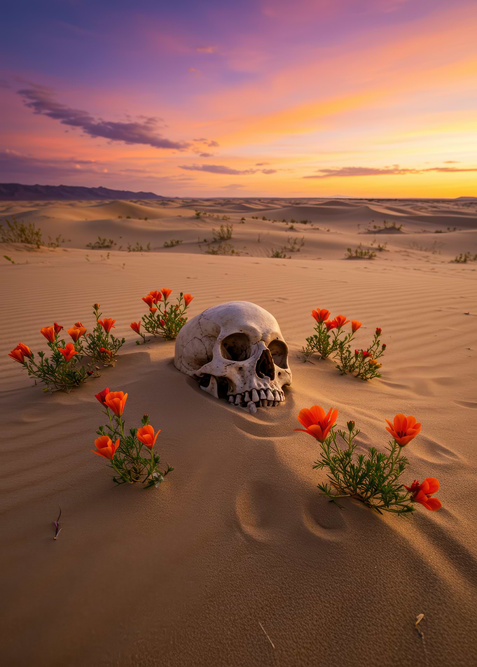 Skull and Flowers in Desert Landscape